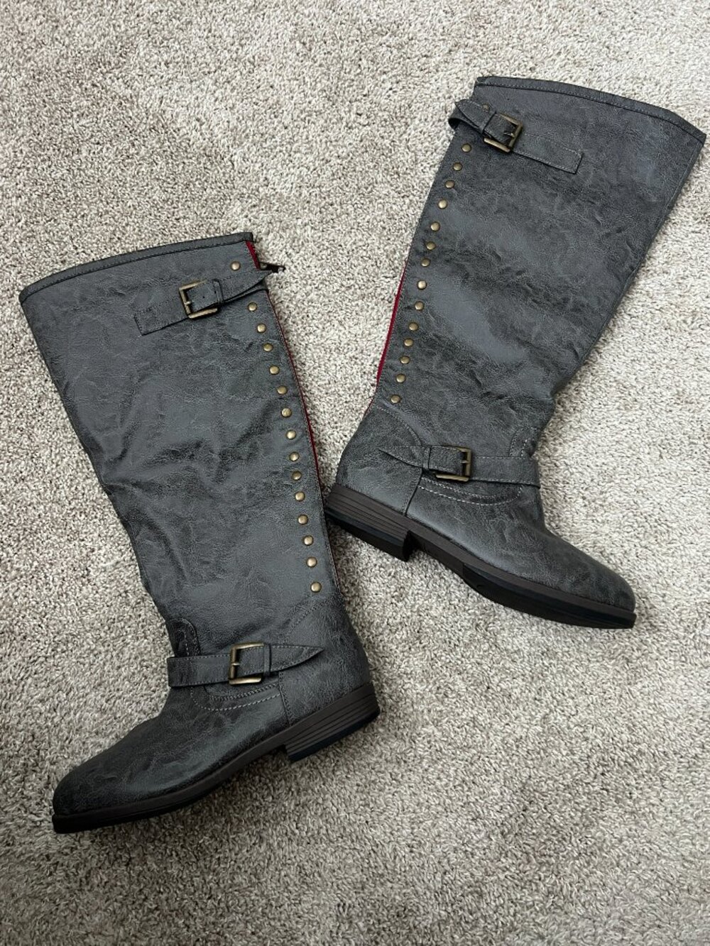 Journee Collection Womens 10 Gray Knee High Riding Boots Studded Moto Wide Calf - Picture 2 of 13